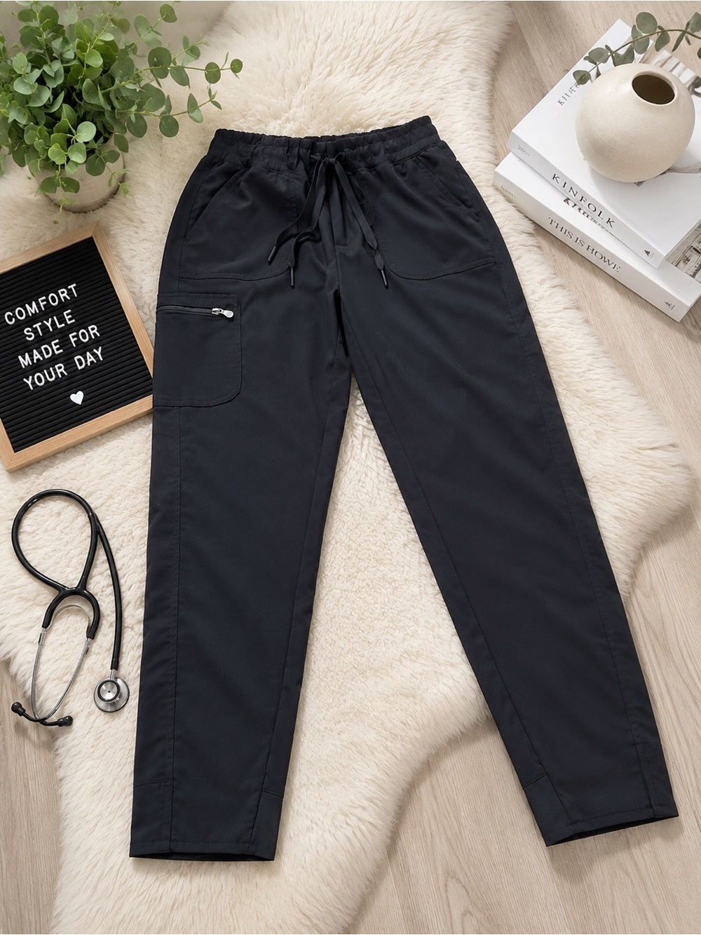 ADAR Women's scrub pants Black Jogger with Side Zip Pocket